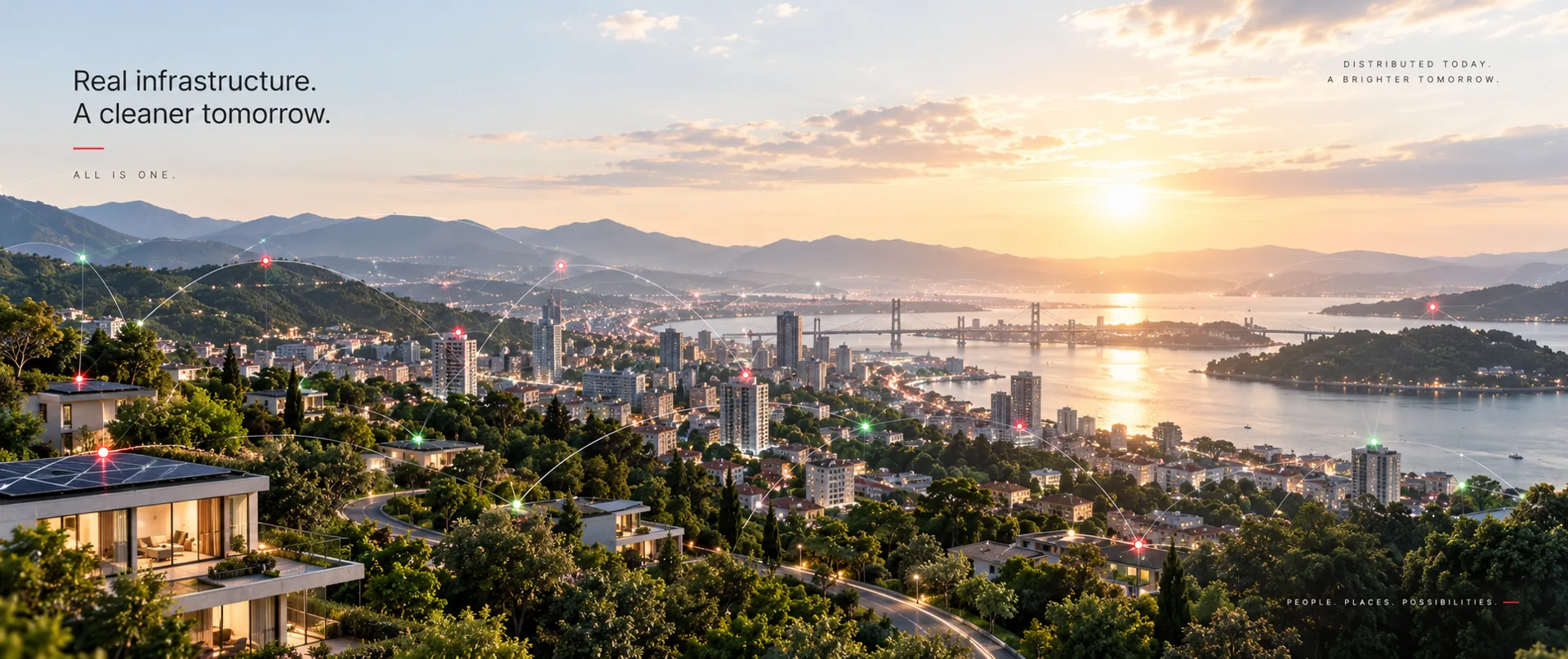 Distributed ALL edge nodes across a coastal city at sunrise