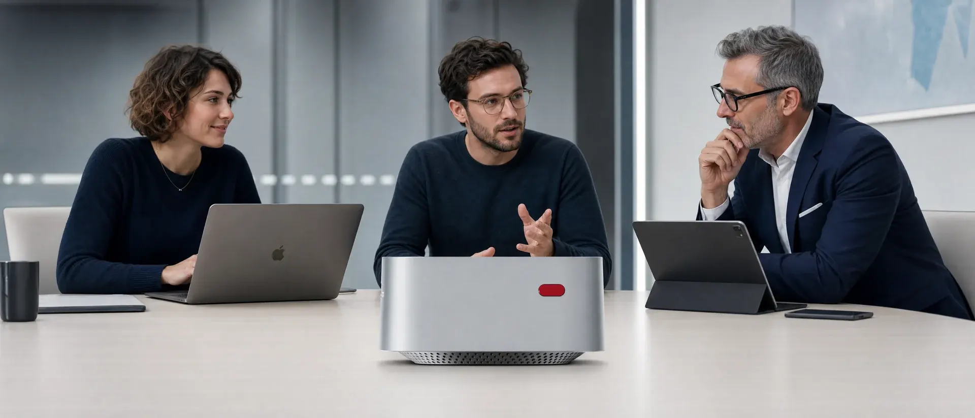 Team discussing the ALL360 device around a meeting table