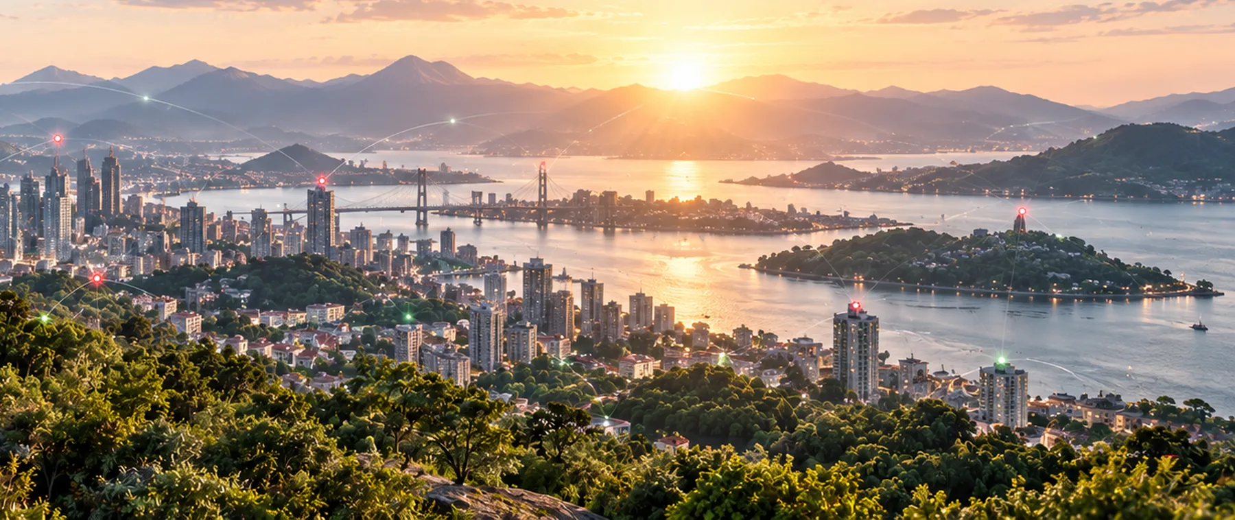 Coastal city and mountains at sunrise, connected by a distributed edge network
