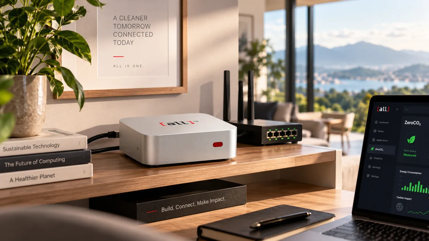 An ALL360 node installed on a desk in a premium residential setting, with the ZeroCO₂ dashboard on a laptop