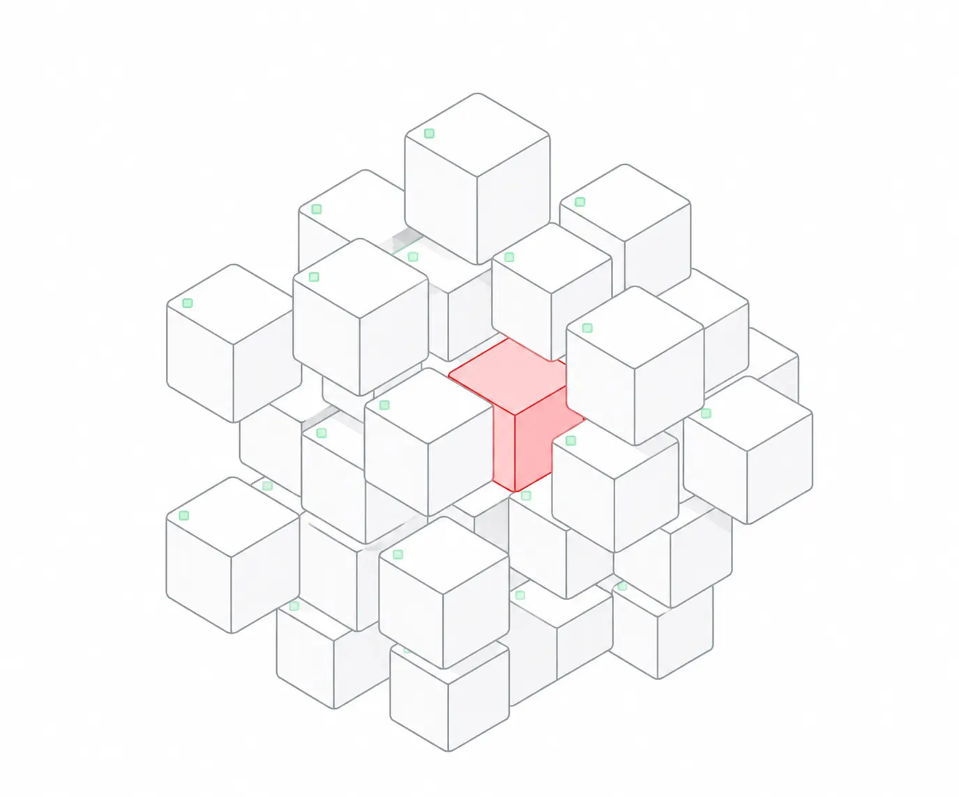 Cluster of translucent cubes with a single red cube