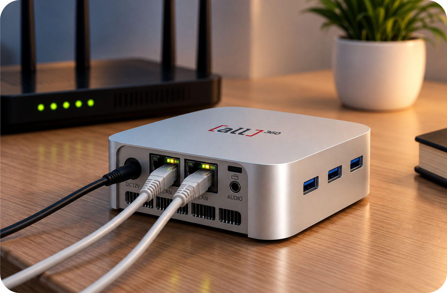 An ALL360 unit connected by ethernet cable to a home router on a desk